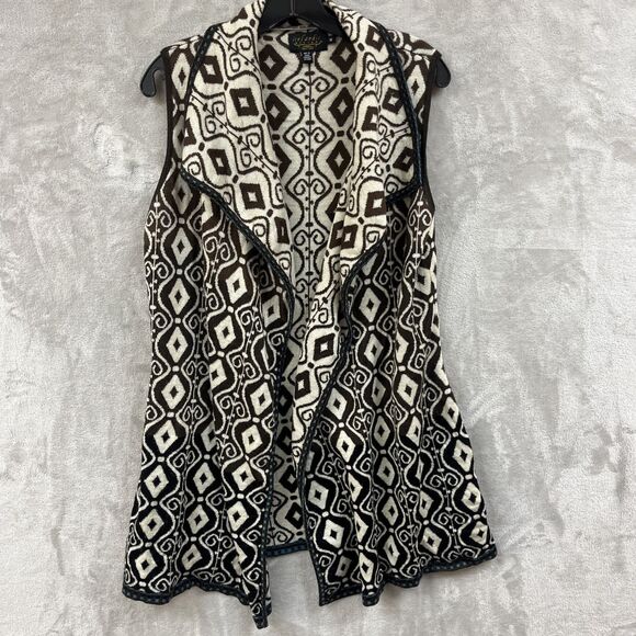 Icelandic Vest Top M Brown Geometric Print Mid Length Waterfall‎ Open Front Wool - Picture 1 of 7